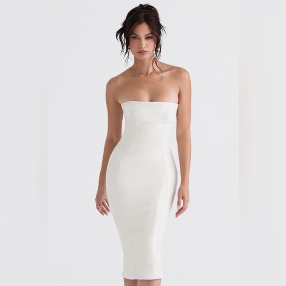 HOUSE OF CB 'Camilla' Ivory Vegan Leather Strapless Dress NWOT - Picture 3 of 15